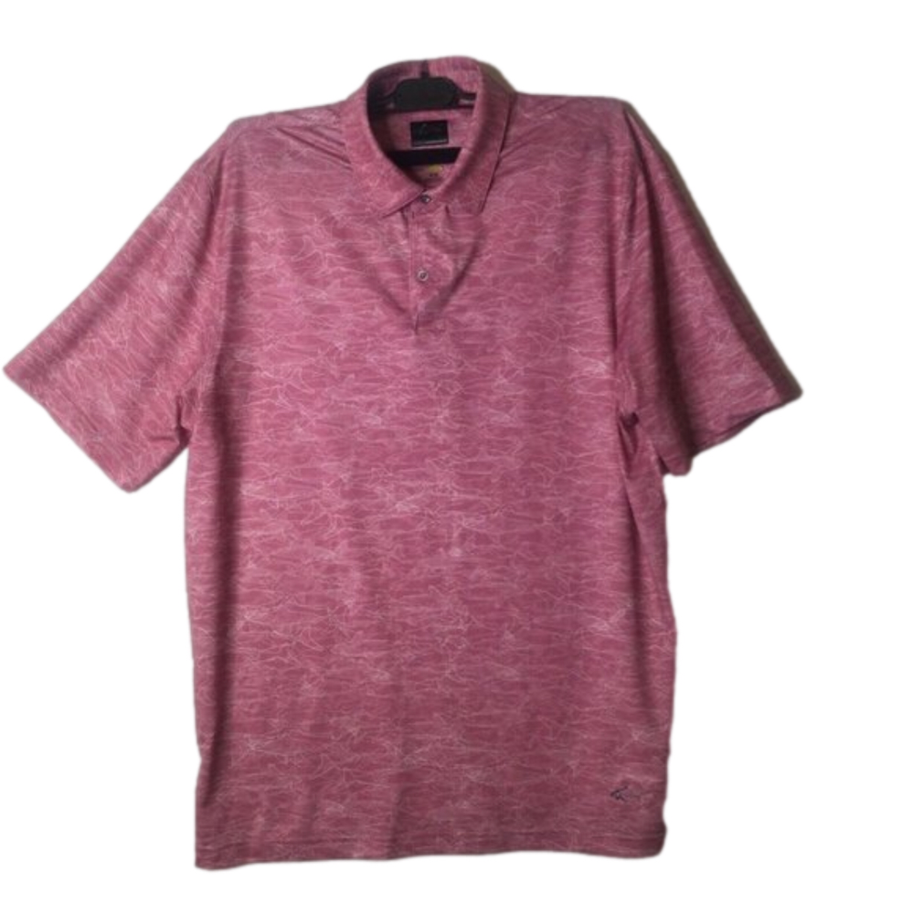 Greg Norman Polo Shirt Mens Medium Pink W/Shark Pattern Casual Golf Short Sleeve